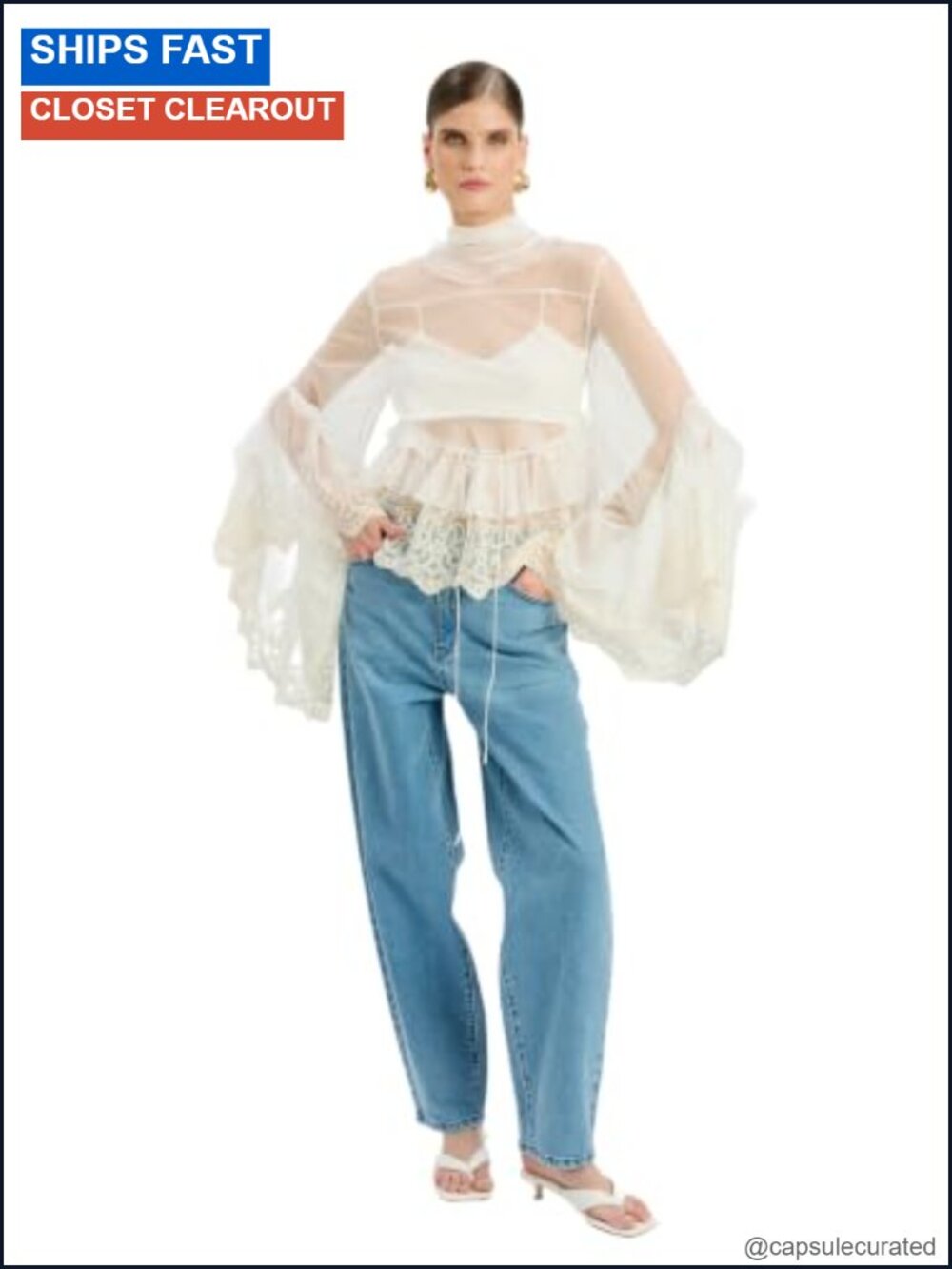 Lace Trim Ruffle Blouse, Sheer Boho Women's Long Sleeve Tie Neck Top